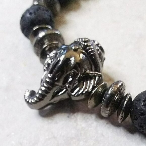 Gunmetal Black! 6.5" Black & Gray Elephant Bracelet - Lava Rock - Stone Beads - Picture 3 of 8